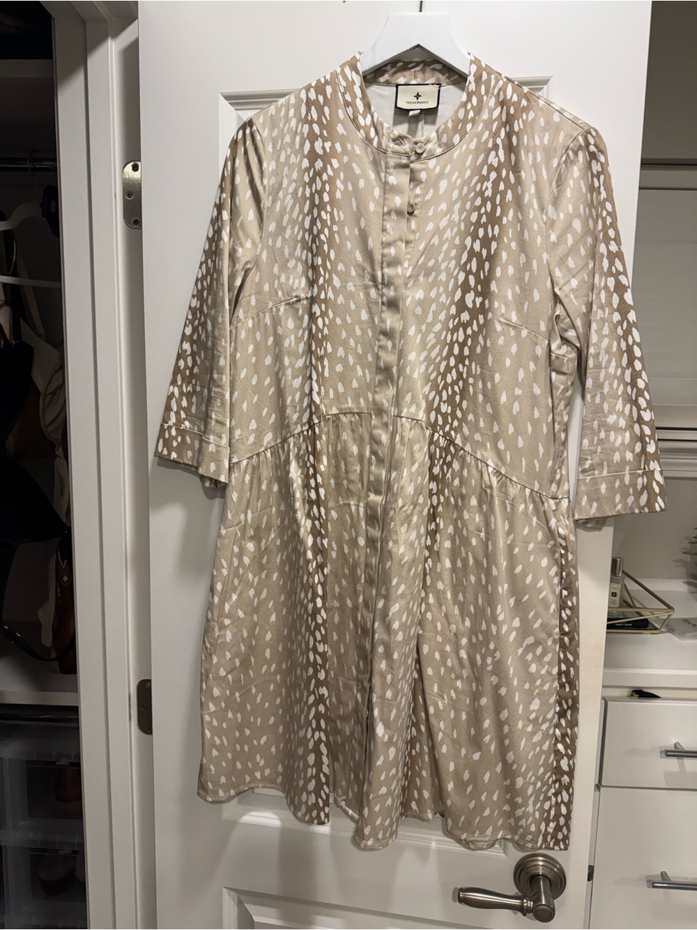 Tuckernuck Beige and White Printed Long-Sleeve A-Line Dress